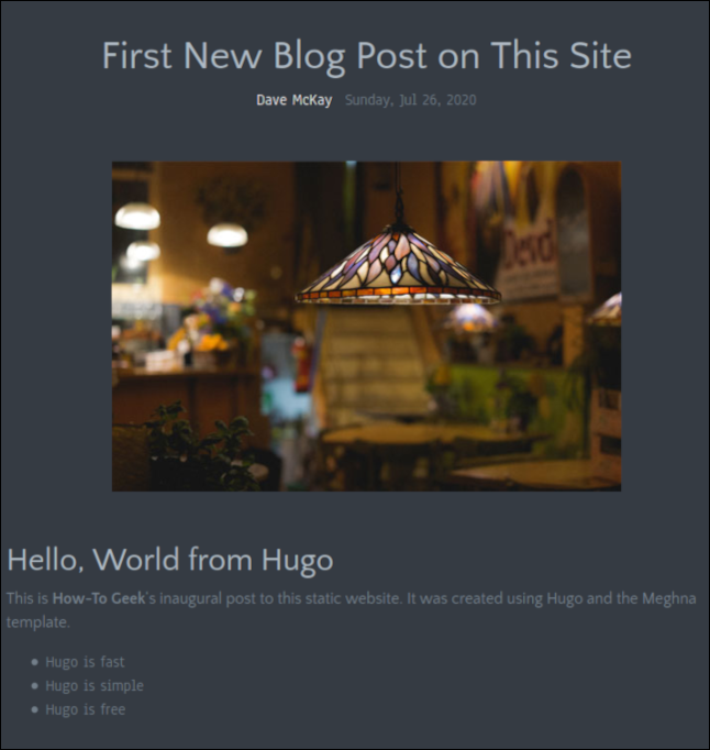 Uma nova entrada de blog na página inicial.