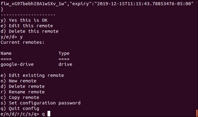 O menu final do rclone em uma janela de terminal