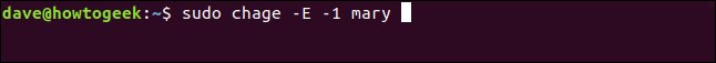 O comando "sudo chage -E -1 mary" em uma janela de terminal.