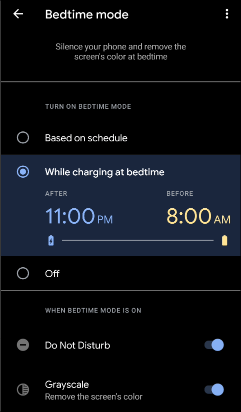 Toque em "Ao carregar na hora de dormir" para ativar o "Modo de hora de dormir" enquanto o dispositivo está carregando.