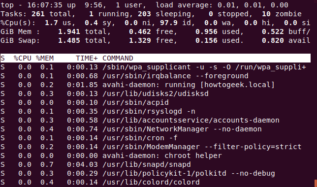 topo mostrando a linha de comando completa na coluna de comando, em uma janela de terminal.