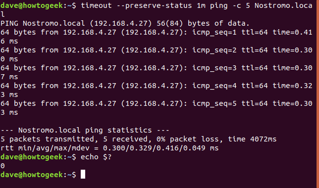 tempo limite --preserve-status 1m ping -c 5 Nostromo.local em uma janela de terminal