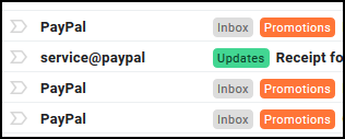 Um e-mail verde de "Atualizações" e três e-mails laranja de "Promoções".