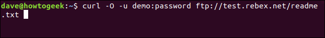 curl -O -u demo: senha ftp://test.rebex.net/readme.txt em uma janela de terminal