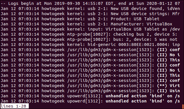 Saída de sudo journalctl -S "2020-91-12 07:00:00" em uma janela de terminal