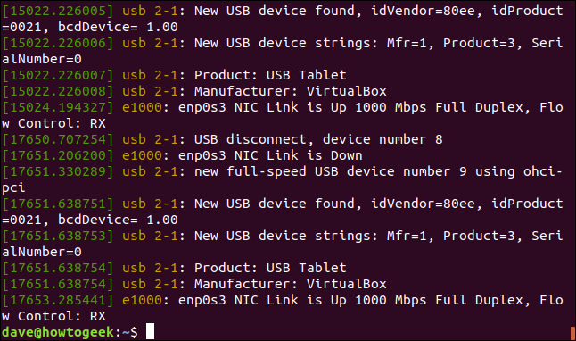 Saída de informações sudo dmesg -l em uma janela de terminal