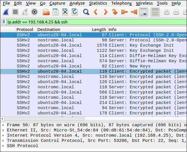 Wireshark com um filtro de ip.addr == 192.168.4.25 && ssh.