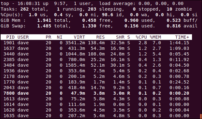 top exibindo tarefas para um único usuário dave, em uma janela de terminal.