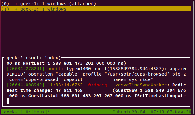 lista de sessões do tmux exibida em uma janela de terminal.