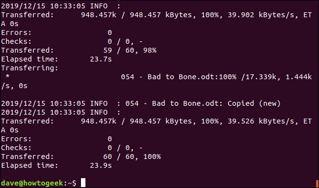 saída rclone em uma janela de terminal