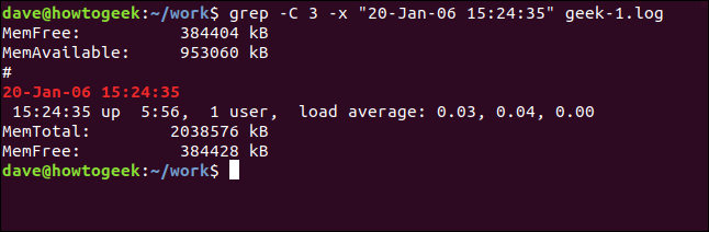 grep -C 3 -x "20-Jan-06 15:24:35" geek-1.log em uma janela de terminal