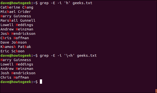 O comando "grep -E -i 'h' geeks.txt" em uma janela de terminal.