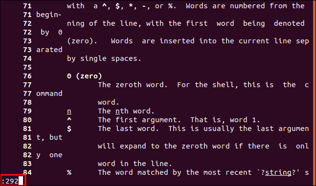 Um comando para mover para a linha "292" em uma página de manual em uma janela de terminal.