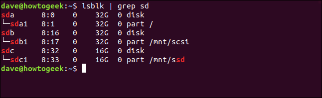 Saída de lsblk |  grep sd mostrando dispositivos de bloco montados em uma janela de terminal