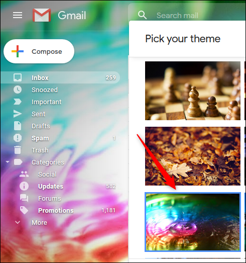 Uma visualização de um tema de cores vivas no Gmail.