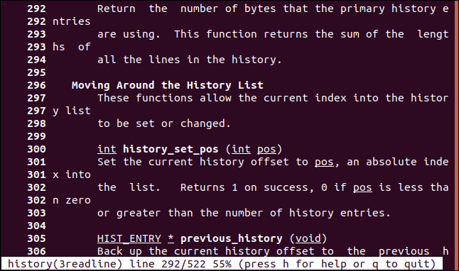 Linha 292 na parte superior da tela em uma página de manual em uma janela de terminal.