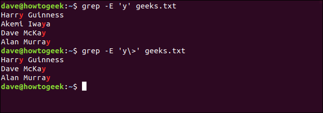 O comando "grep -E 'y' geeks.txt" em uma janela de terminal.