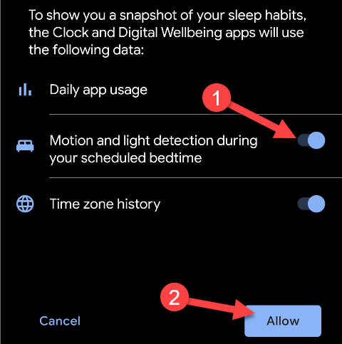 Ative "Detecção de movimento e luz durante sua hora de dormir programada" e toque em "Permitir".