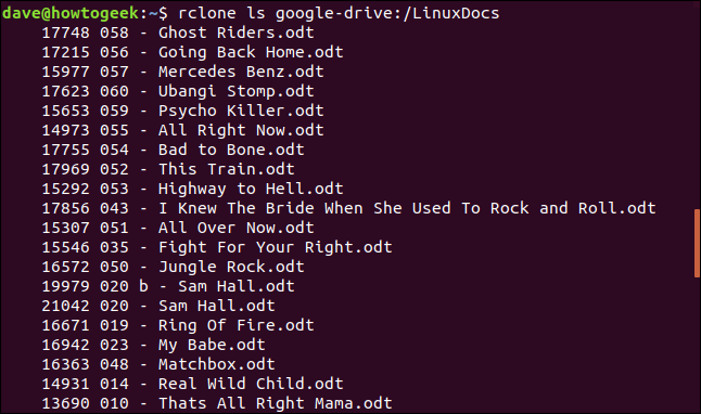 rclone ls google-drive: / LinuxDocs em uma janela de terminal