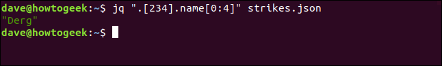 O comando "jq". [234] .name [0: 4] "strikes.json" em uma janela de terminal.