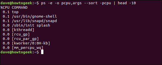 saída de ps -e -o pcpu, args --sort -pcpu |  cabeça 10 em uma janela de terminal