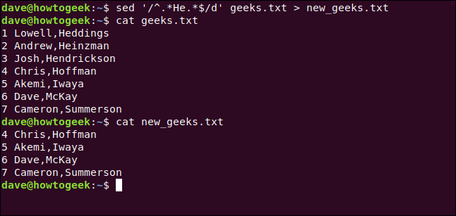 Os comandos "sed -i'.bak '' /^.*He.*$/d 'geeks.txt> new_geeks.txt" e "cat new_geeks.txt" em uma janela de terminal.