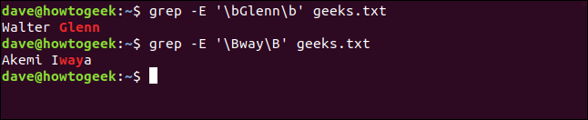 Os comandos "grep -E '\ bGlenn \ b' geeks.txt" e "grep -E '\ Bway \ B' geeks.txt" em uma janela de terminal.