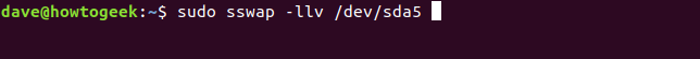 sudo sswap -llv / dev / sda5 em uma janela de terminal