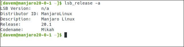 Saída de lab_release em Manjaro em uma janela de terminal.