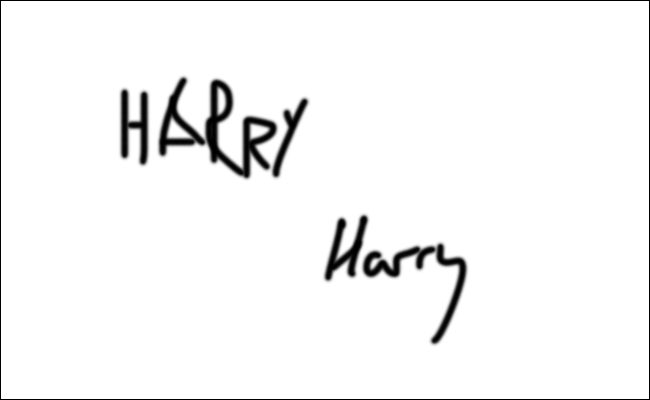 "Harry" escrito uma vez usando um trackpad e uma vez usando um tablet Wacom.