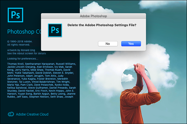 A seção "Excluir o arquivo de configurações do Adobe Photoshop?"  prompt no Photoshop.