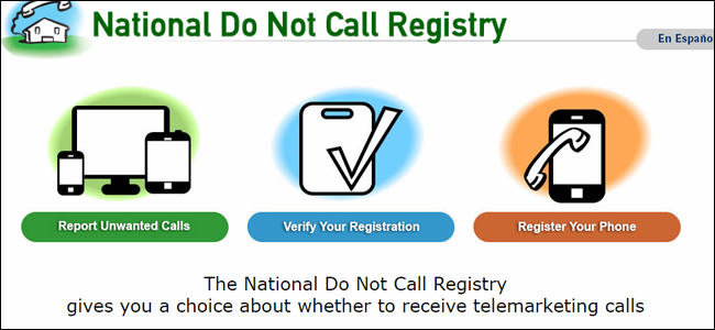 Uma captura de tela da página inicial do registro nacional do Do Not Call.