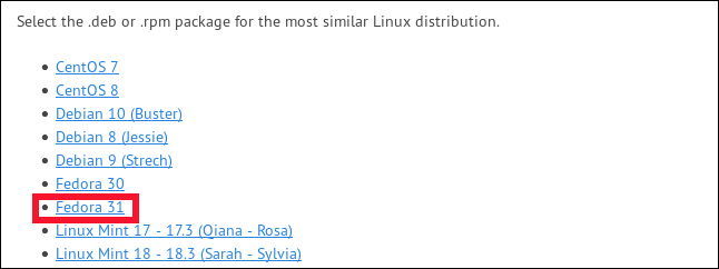 Clique em "Fedora 31."
