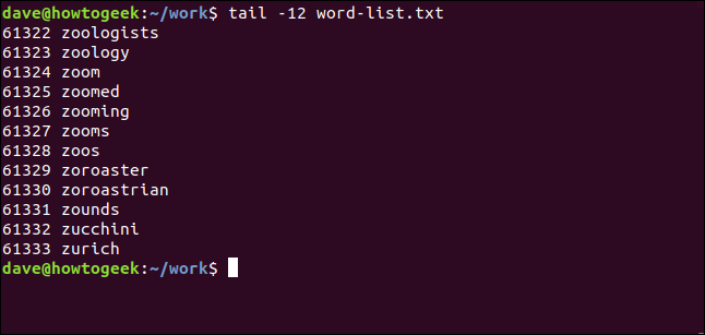 tail -12 word-list.txt em uma janela de terminal