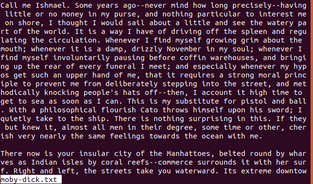 Moby Dick exibido em menos em uma janela de terminal
