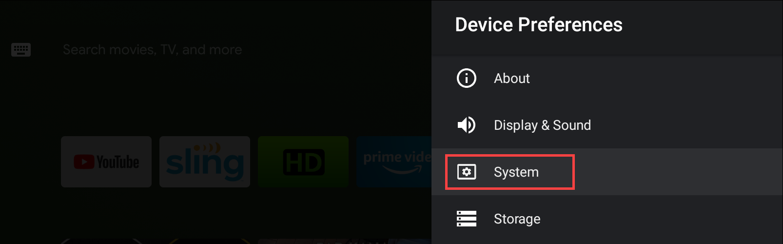 configurações do sistema de tv android