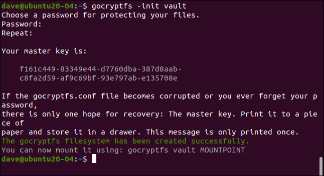 gocryptfs -init vault em uma janela de terminal.