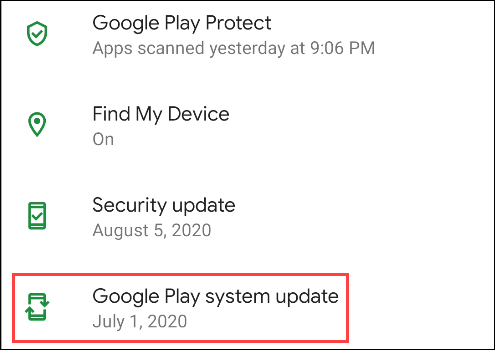 Toque em "Atualização do sistema do Google Play".