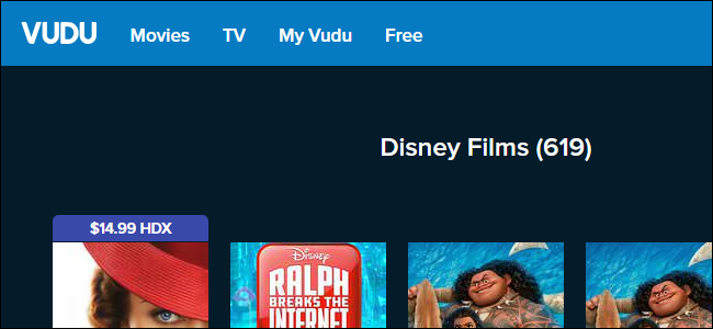 Biblioteca da Disney de Vudu, que contém 619 filmes da Disney.