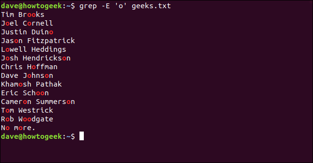 O comando "grep -E 'o' geeks.txt" em uma janela de terminal.