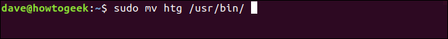 O comando "sudo mv htg / usr / bin" em uma janela de terminal.