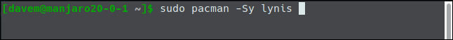 sudo pacman -Sy lynis em uma janela de terminal.