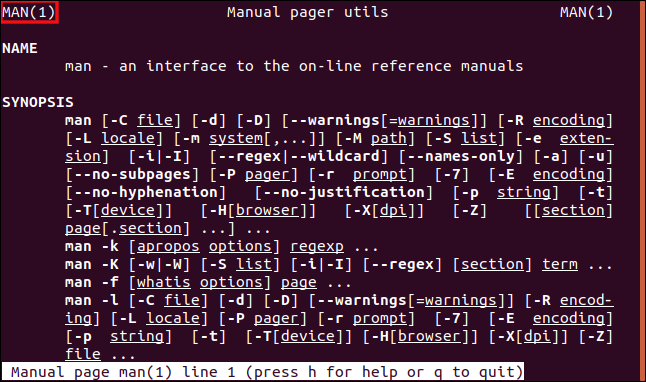 A página do manual para "man 1" é aberta em uma janela de terminal.