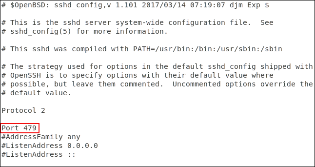 Arquivo de configuração SSH em gedit com edições destacadas