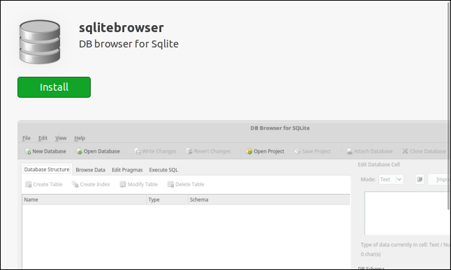 Página de instalação do aplicativo de navegador SQLite no aplicativo Ubuntu Software.