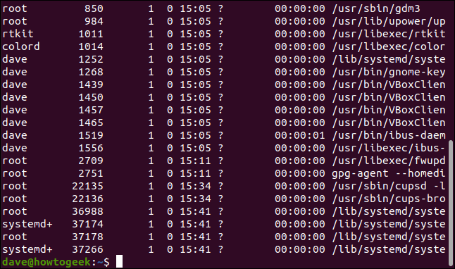 ps -f --ppid 1 em uma janela de terminal.