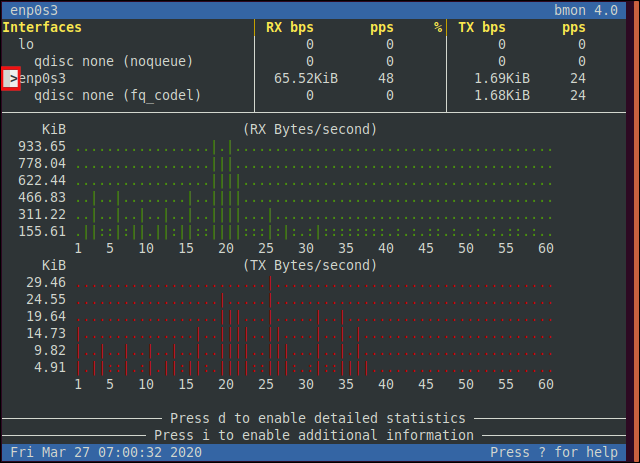 O adaptador de rede ethernet selecionado na interface bmon em uma janela de terminal.