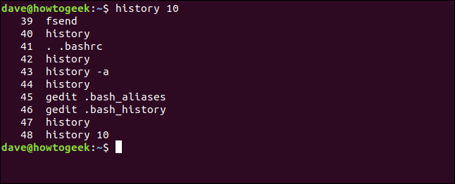 O comando "history 10" em uma janela de terminal.