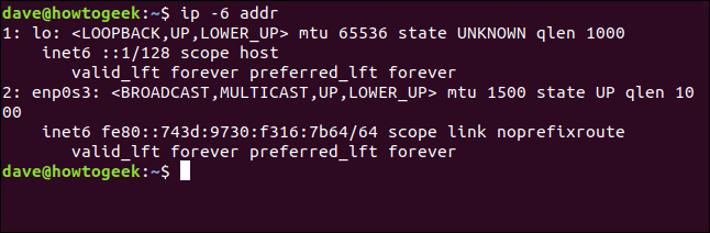 O comando "ip -6 addr" em uma janela de terminal.