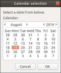 Uma janela de calendário zenity com 19 de agosto de 2019 selecionado.